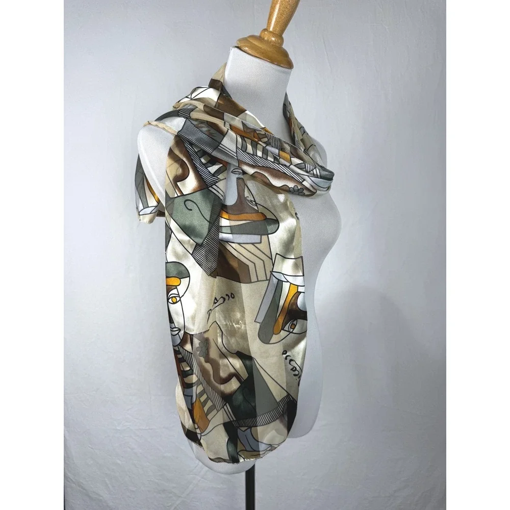 Picasso Scarf Women 12x60 Cream Good Cubist Art Print Silky Rectangular Wrap